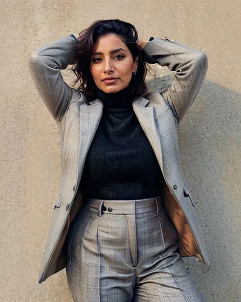 a professional portrait photo of a 25-year-old desi woman, wearing a chic business suit and turtleneck sweater, posing beside a wall, outdoors, solo, skin pores, perfect face, perfect eyes, bokeh <lora:Desi_Coffee_SD15_LoRA_V2:0.8>