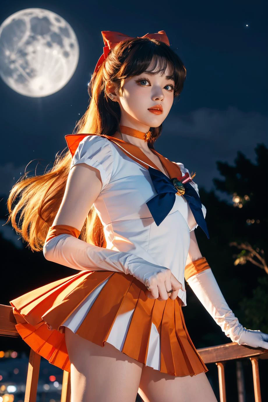 masterpiece, best quality, highres, sv1, sailor senshi uniform, orange skirt, elbow gloves, tiara, pleated skirt, miniskirt, red bow, orange choker, white gloves, jewelry, <lora:sailor_venus_v2:0.7>, city, night, moon, cowboy shot, standing,<lora:aikuros-04:1>