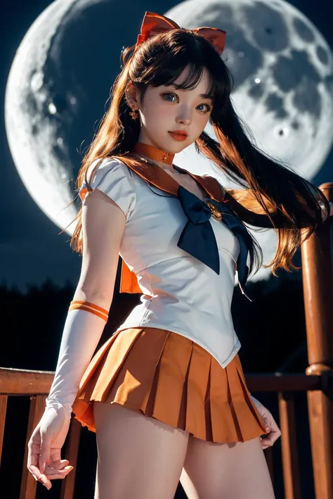 masterpiece, best quality, highres, sv1, sailor senshi uniform, orange skirt, elbow gloves, tiara, pleated skirt, miniskirt, red bow, orange choker, white gloves, jewelry, <lora:sailor_venus_v2:0.7>, city, night, moon, cowboy shot, standing,<lora:aikuros-04:1>