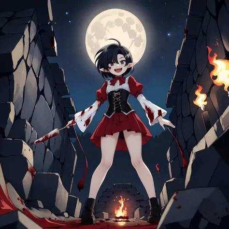 high quality, masterpiece, highly detailed, detailed background, female, girl, black hair, ten thousand year old vampire, corset, sleeves, pointy ears, insane, (crazy:1.2), (dilated:1.1), excited, smile, fangs, bent over, bent forward, looking down at viewer, looking between legs, caves, torches, stone walls, ruins, (blood splatter:1.2), (bleeding:1.1), fish eye view, (from below:1.2), night sky, stars, moon