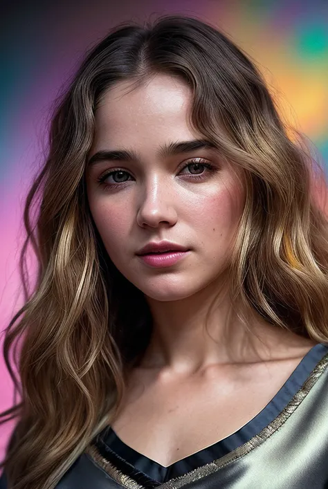 beautiful woman (EPH4l3yLu3R1ch4rds0nV2:.99), perfect hair, jewellery, ((portrait)), (closeup:1.2), ((from the waist up)), (((  colorful, abstract background :1.2 ))), natural skin texture,  ((  Satin trousers and cropped blouse :1.2)), 24mm, 4k textures, soft cinematic light, adobe lightroom, photolab, hdr, intricate, elegant, highly detailed, sharp focus, ((((cinematic look)))), soothing tones, insane details, intricate details, hyperdetailed, low contrast, soft cinematic light, exposure blend, hdr, faded, now, ("I've got a bad feeling about this.":1.1)