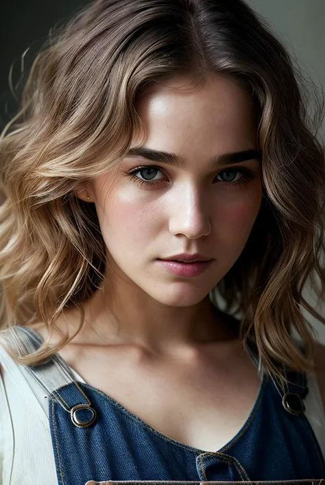 beautiful woman (EPH4l3yLu3R1ch4rds0nV2:.99), perfect hair, jewellery, ((portrait)), (closeup:1.2), ((from the waist up)), ((( well :1.2 ))), natural skin texture, (( Overalls and tank top :1.2)), 24mm, 4k textures, soft cinematic light, adobe lightroom, photolab, hdr, intricate, elegant, highly detailed, sharp focus, ((((cinematic look)))), soothing tones, insane details, intricate details, hyperdetailed, low contrast, soft cinematic light, exposure blend, hdr, faded, now, ("I've got a bad feeling about this.":1.1)