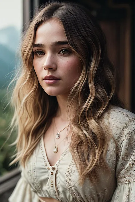 beautiful woman (EPH4l3yLu3R1ch4rds0nV2:.99), perfect hair, jewellery, ((portrait)), (closeup:1.2), ((from the waist up)), ((( beautiful scenery, path :1.2 ))), natural skin texture, (( Bell sleeve blouse and distressed shorts :1.2)), 24mm, 4k textures, soft cinematic light, adobe lightroom, photolab, hdr, intricate, elegant, highly detailed, sharp focus, ((((cinematic look)))), soothing tones, insane details, intricate details, hyperdetailed, low contrast, soft cinematic light, exposure blend, hdr, faded, now, ("I've got a bad feeling about this.":1.1)