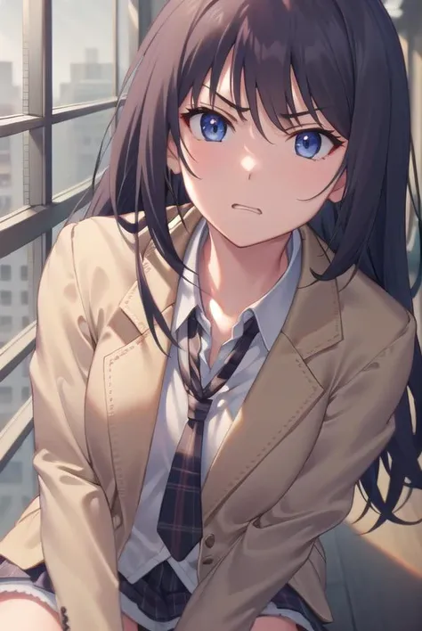 senaaoi, <lora:senaaoitest:1>,
sena aoi, long hair, blue eyes, black hair, slanted eyes, narrows, angry,
BREAK skirt, school uniform, jacket, necktie, plaid, plaid skirt, blazer, (brown blazer:1.2), (brown jacket:1.2),
BREAK looking at viewer,
BREAK indoors, classroom,
BREAK <lora:GoodHands-vanilla:1>, (masterpiece:1.2), best quality, high resolution, unity 8k wallpaper, (illustration:0.8), (beautiful detailed eyes:1.6), extremely detailed face, perfect lighting, extremely detailed CG, (perfect hands, perfect anatomy),
