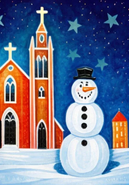 by alessandro pedrazzini <lora:alessandropedrazzini_v1.0c:1>, snowman in front of a church with kids around