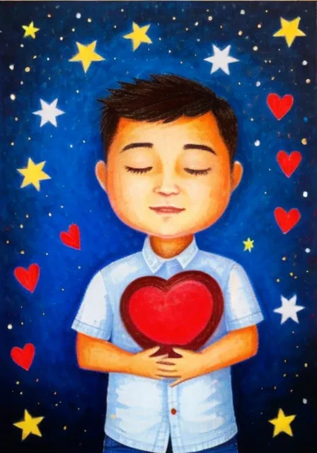 by alessandro pedrazzini <lora:alessandropedrazzini_v1.0c:1>, boy holding a heart