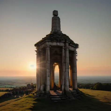 (Capture the majestic beauty of sunset at the Hill of Tara, the ancient seat of the High Kings of Ireland, with a panoramic view of the lush, undulating landscape of County Meath. The setting sun bathes the hill and its archaeological features, including the Lia Fáil (Stone of Destiny), in a warm, ethereal light. Shadows lengthen over the mounds and earthworks, each telling a story of power, ritual, and legend. In this moment, the boundary between the physical and the mythical seems to blur, as if the ancient kings and druids might walk the hill once more.), (artstyle: bellotto, canaletto, greuze, vedute painting), majestic lighting, pittoresque, enchanting, magical realism, <lora:add-detail-xl:1.5>,  <lora:xl_more_art-full_v1:0.9>,<lora:nclrdfsn:0.43>