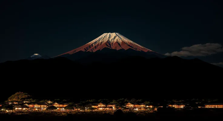 an awarded photo of a perfect landscape with fuji mountain and small traditional japanese village on september, realistic lights, detailed shadows, ultrasharp, masterpiece, ultradetailed, landscape, perfect quality