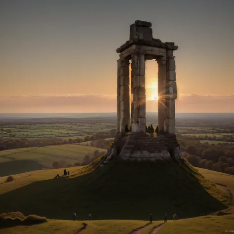 (Capture the majestic beauty of sunset at the Hill of Tara, the ancient seat of the High Kings of Ireland, with a panoramic view of the lush, undulating landscape of County Meath. The setting sun bathes the hill and its archaeological features, including the Lia Fáil (Stone of Destiny), in a warm, ethereal light. Shadows lengthen over the mounds and earthworks, each telling a story of power, ritual, and legend. In this moment, the boundary between the physical and the mythical seems to blur, as if the ancient kings and druids might walk the hill once more.), (artstyle: bellotto, canaletto, greuze, vedute painting), majestic lighting, pittoresque, enchanting, magical realism, <lora:add-detail-xl:1.5>,  <lora:xl_more_art-full_v1:0.9>,<lora:nclrdfsn:0.43>