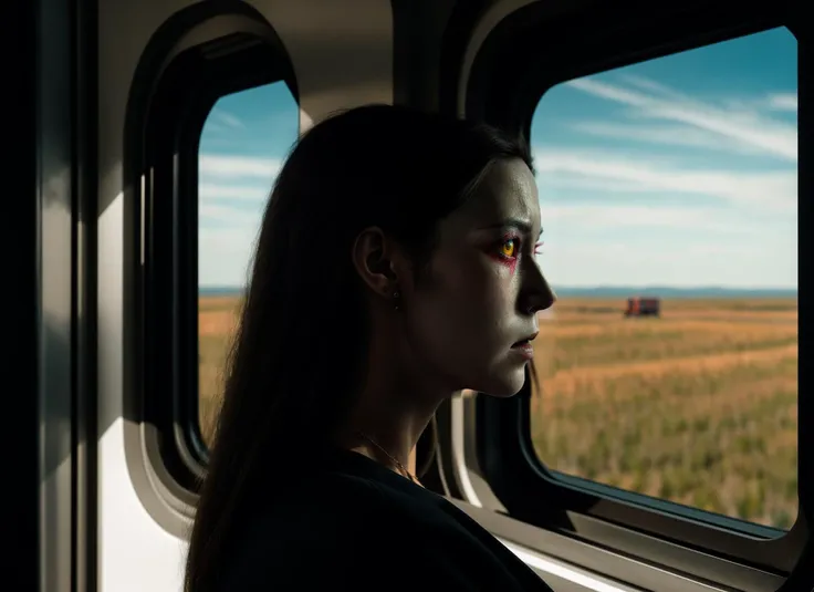 three cornered window, back of head shot of (woman looking out of triangle window:1.1), 3rd person, Looking out the triangular window of a (train:1.1) with triangular windows, triangular windows and triangular, wheels,  in a fantasy world, 
psychedelic, geometric, vivid light, high contrast, triadic colors, dark shadows,  explosions, nuclear mushroom cloud, nuclear explosion, dystopian nightmare, 
(beautiful composition),
21 yo woman,