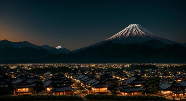 an awarded photo of a perfect landscape with fuji mountain and small traditional japanese village on september, realistic lights, detailed shadows, ultrasharp, masterpiece, ultradetailed, landscape, perfect quality