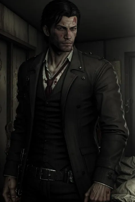 Sebastian2Evil, 1boy, realistic, handsome face, blood, <lora:Sebastian2Evil:0.7>