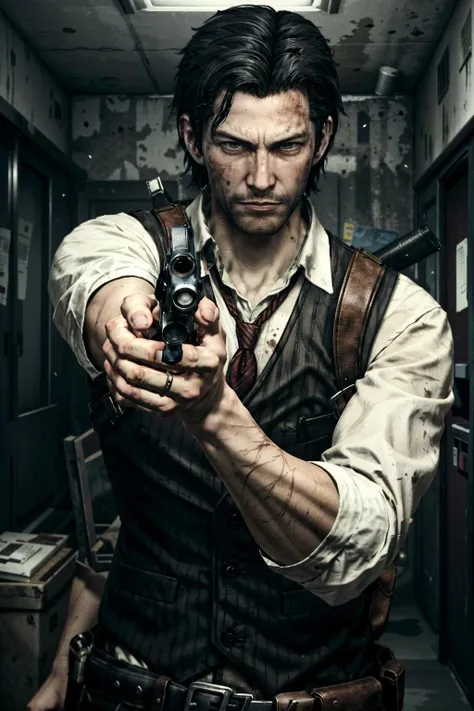 (masterpiece, best quality)
SebastianEvilWithin, solo, looking at viewer, shirt, black hair, 1boy, holding, white shirt, upper body, weapon, male focus, necktie, holding weapon, vest, gun, blood, red necktie, holding gun, realistic, manly, single mechanical arm, aiming, aiming at viewer
<lora:epi_noiseoffset2:1>, <lora:add_detail:0.5>, <lora:SebastianEvilWithin:0.8>