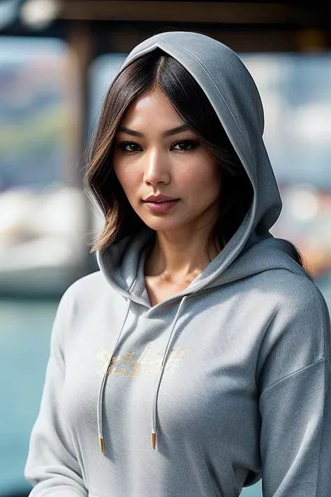 beautiful woman (G3mm4Ch4n:.99), perfect hair, (expensive gold and diamond jewellery:1.2), ((portrait)), (closeup:1.2), ((from the waist up)), (((  A bustling harbor promenade, ships and seafood stalls, :1.2 ))), natural skin texture,  ((  Hoodie dress :1.2)), 24mm, 4k textures, soft cinematic light, adobe lightroom, photolab, hdr, intricate, elegant, highly detailed, sharp focus, ((((cinematic look)))), soothing tones, insane details, intricate details, hyperdetailed, low contrast, soft cinematic light, exposure blend, hdr, faded, now, ("I've got a bad feeling about this.":1.1)