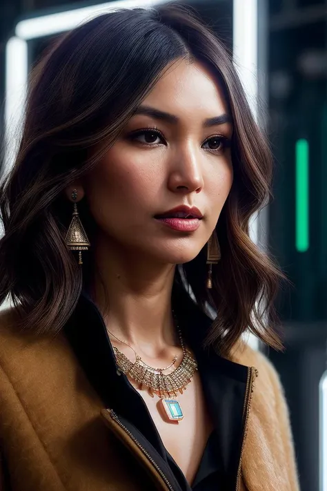 beautiful woman (G3mm4Ch4n:.99), ( dirty blonde Medium Length Textured Bob Hairstyle and hair bell:1.3), ((earrings and necklace:1.2)), ((portrait)), (closeup:1.2), ((from the waist up)), ((( Futuristic laboratory with glowing neon tubes and advanced technology :1.2 ))), natural skin texture, (( duffel coat :1.2)), 24mm, 4k textures, soft cinematic light, adobe lightroom, photolab, hdr, intricate, elegant, highly detailed, sharp focus, ((((cinematic look)))), soothing tones, insane details, intricate details, hyperdetailed, low contrast, soft cinematic light, exposure blend, hdr, faded, now, ("I've got a bad feeling about this.":1.1)