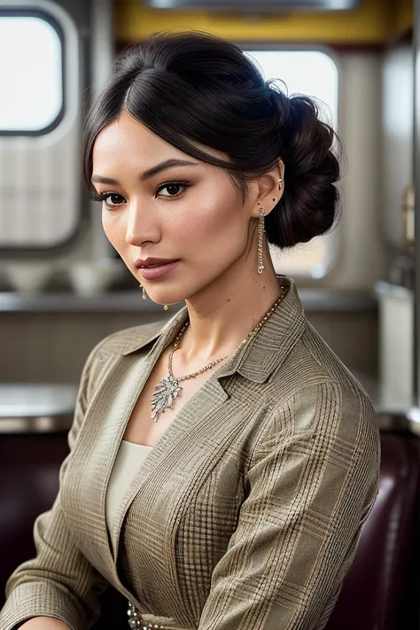 beautiful woman (G3mm4Ch4n:.99), ( ash blonde Long Side-Braid Hairstyle and bun cover:1.3), ((earrings and necklace:1.2)), ((portrait)), (closeup:1.2), ((from the waist up)), ((( Retro diner kitchen with stainless steel appliances and checkered floors :1.2 ))), natural skin texture, (( stole :1.2)), 24mm, 4k textures, soft cinematic light, adobe lightroom, photolab, hdr, intricate, elegant, highly detailed, sharp focus, ((((cinematic look)))), soothing tones, insane details, intricate details, hyperdetailed, low contrast, soft cinematic light, exposure blend, hdr, faded, now, ("I've got a bad feeling about this.":1.1)