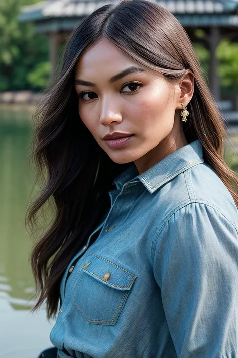 beautiful woman (G3mm4Ch4n:.99), perfect hair, (expensive gold and diamond jewellery:1.2), ((portrait)), (closeup:1.2), ((from the waist up)), ((( A tranquil lakeside gazebo, reflections in the water, :1.2 ))), natural skin texture, (( Chambray shirt and denim skirt :1.2)), 24mm, 4k textures, soft cinematic light, adobe lightroom, photolab, hdr, intricate, elegant, highly detailed, sharp focus, ((((cinematic look)))), soothing tones, insane details, intricate details, hyperdetailed, low contrast, soft cinematic light, exposure blend, hdr, faded, now, ("I've got a bad feeling about this.":1.1)