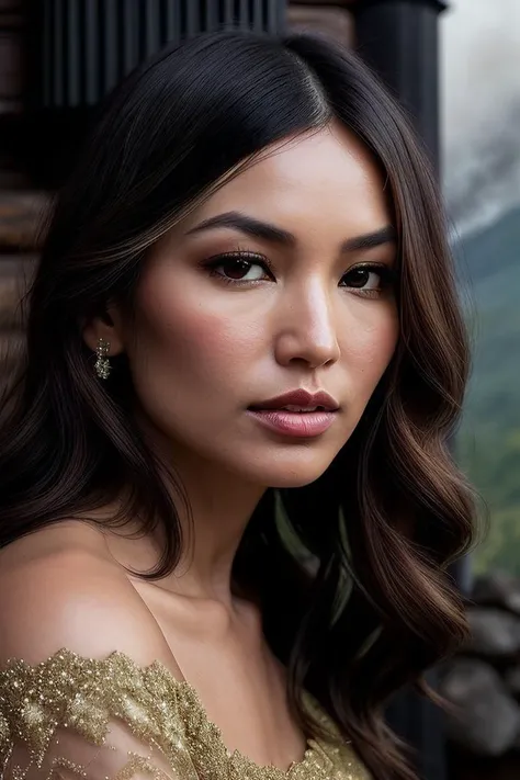 beautiful woman (G3mm4Ch4n:.99), perfect hair, (expensive gold and diamond jewellery:1.2), ((portrait)), (closeup:1.2), ((from the waist up)), ((( A cozy mountain cabin, smoke rising from the chimney, :1.2 ))), natural skin texture, (( Flared skirt and off-shoulder blouse :1.2)), 24mm, 4k textures, soft cinematic light, adobe lightroom, photolab, hdr, intricate, elegant, highly detailed, sharp focus, ((((cinematic look)))), soothing tones, insane details, intricate details, hyperdetailed, low contrast, soft cinematic light, exposure blend, hdr, faded, now, ("I've got a bad feeling about this.":1.1)