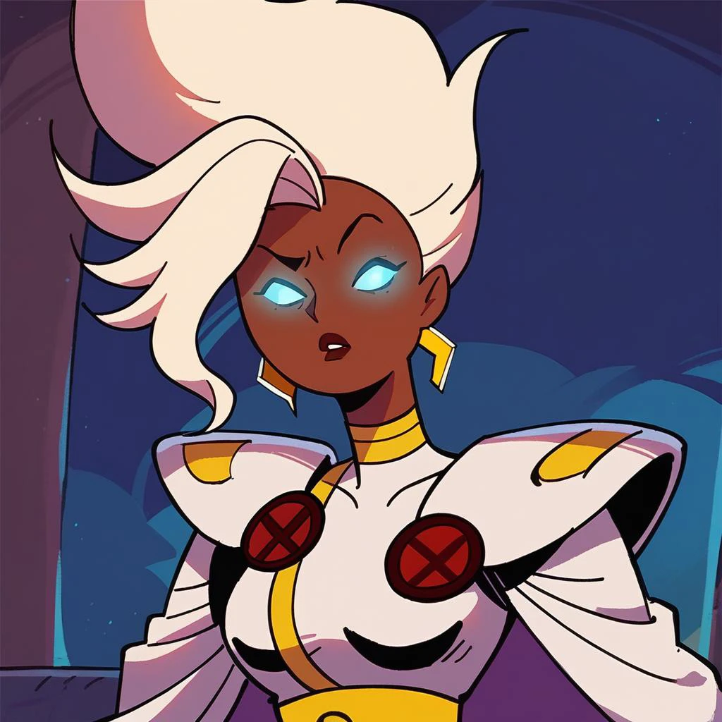 score_9, score_8_up, score_7_up, <lora:st0rm1:1> st0rm1, 1girl,solo, glowing eyes, no pupils,superhero costume, frontal view, jewelry, earrings, <lora:Adventure_Time_Style_LORA:1> adventure time, dot eyes