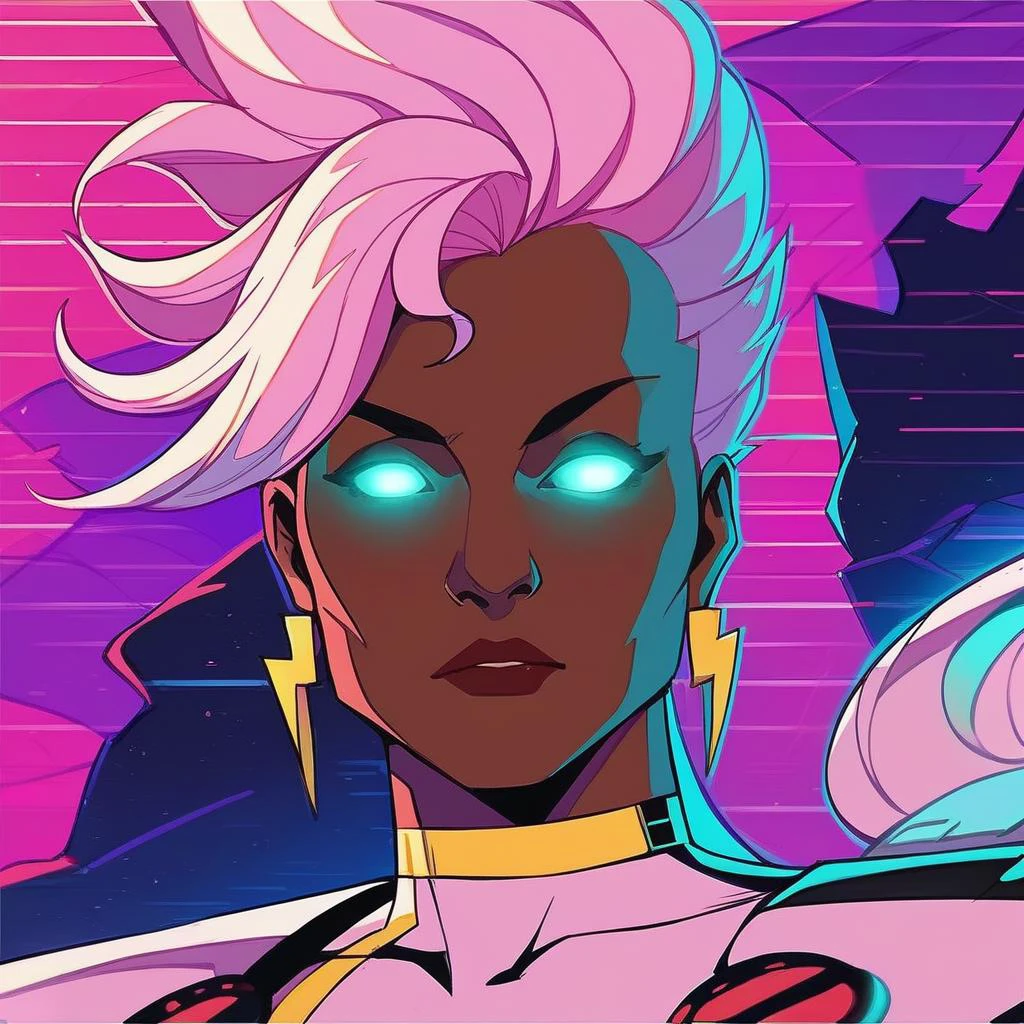 score_9, score_8_up, score_7_up, <lora:st0rm1:1> st0rm1, 1girl,solo, glowing eyes, no pupils,superhero costume, frontal view, jewelry, earrings, <lora:RetroWave_PonyXL:1> retrowave