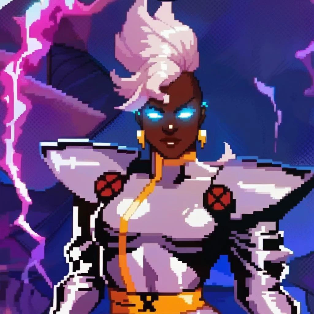 score_9, score_8_up, score_7_up, <lora:st0rm1:1> st0rm1, 1girl,solo, glowing eyes, no pupils,superhero costume, frontal view, jewelry, earrings, <lora:pixel:1> pixelart,pixel