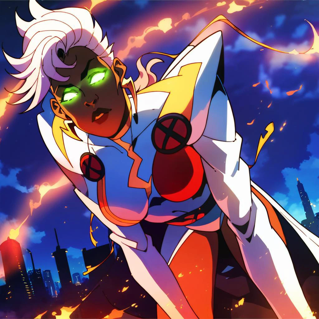 score_9, score_8_up, score_7_up, <lora:st0rm1:1> st0rm1, 1girl,solo, glowing eyes, no pupils,superhero costume, frontal view, jewelry, earrings, <lora:MeMaXL_V3:1> outdoors, detailed, night, clouds