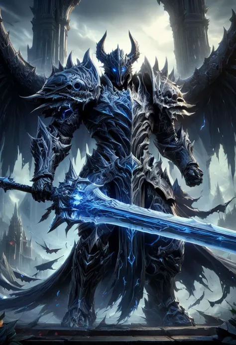 death knight,intricate armor,wings, Wielding sword,giant sword, glowing eyes, torn cape, temple in background,detailed realistic sketch,<lora:XL_Weapon_Sword_-_By_HailoKnight_2:1>