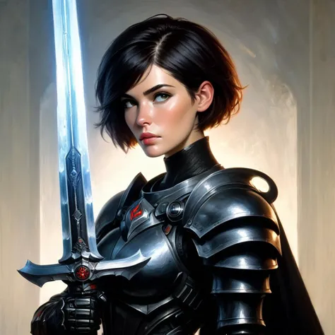 woman holding sword, black bodysuit, science fiction, wielding sword, <lora:XL_Weapon_Sword_-_By_HailoKnight_2:0.7>, short hair, oil painting
