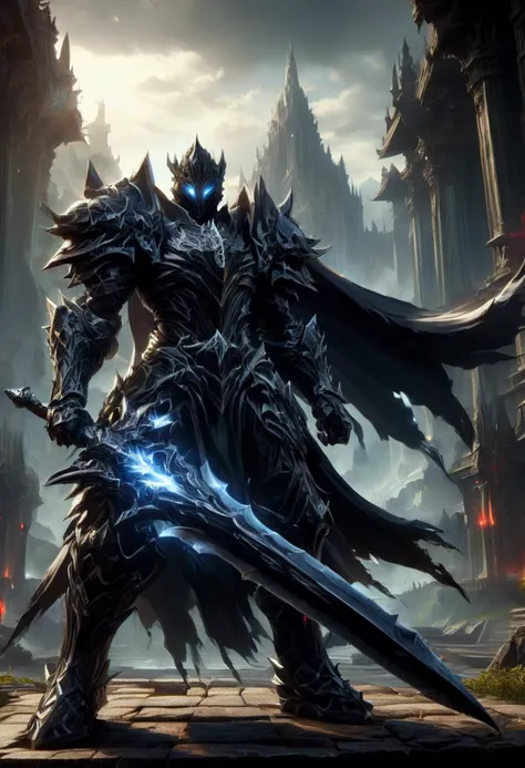 knight,black armor, Wielding sword,giant sword, glowing eyes, torn cape, temple in background,digital art,<lora:XL_Weapon_Sword_-_By_HailoKnight_2:1>,