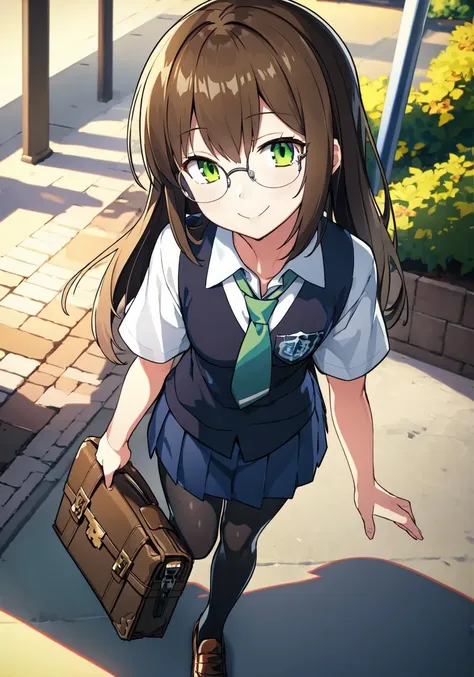 scan, (extremely detailed CG unity 8k wallpaper:1.2), soft lighting, BREAK 1girl, solo, glasses, brown hair, school uniform, green eyes, long hair, bag, necktie, green necktie, looking at viewer, shoes, shirt, full body, smile, holding, skirt, loafers, standing, white shirt, short sleeves, school briefcase, outdoors, black footwear, pantyhose, detailed background, <lyco:hata-07:1.0>  <lyco:GoodHands-beta2:1.0>