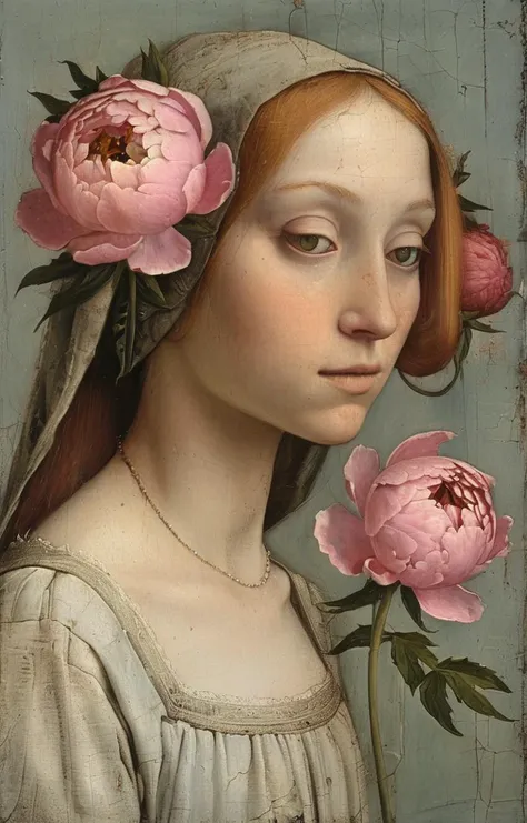 Nathalie Portmann, 25 ans, seductive look, sourire romantique, fine, brune, yeux verts, masterclass, 8K, UHD, HD, High quality, sexy, bodypainting, dans un atelier de peinture, tableaux, peinture partout sur le mur, motif de fleurs sur la peau, topless, bodypainting, motif de tableau de la renaissance, impressionnisme, tableau renaissance peint sur le corps