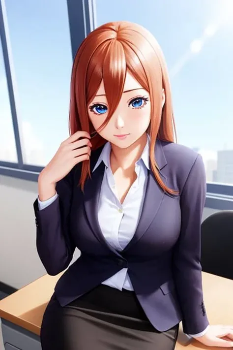pixel-Miku, <lora:nakano_Miku_LoRA:0.6>, 1girl, suit, office lady, pencil skirt, office desk, masterpiece, photorealistic, realistic, (RAW photo, 8k uhd, film grain), caustics, subsurface scattering, best quality, <hypernet:myhands_22k:0.75>