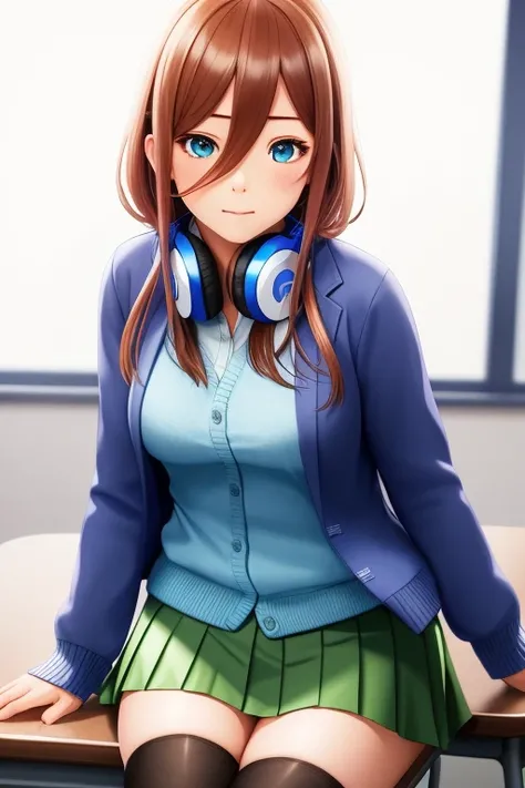 pixel-Miku, 1girl, school uniform, headphones, (blue cardigan, cardigan:1.2), jacket, (white shirt:1.2), green pleated skirt, black thighhighs, classroom, masterpiece, best quality, photorealistic, realistic, (RAW photo, 8k uhd, film grain), caustics, subsurface scattering, <hypernet:myhands_22k:0.75> <lora:nakano_Miku_LoRA:0.45>
