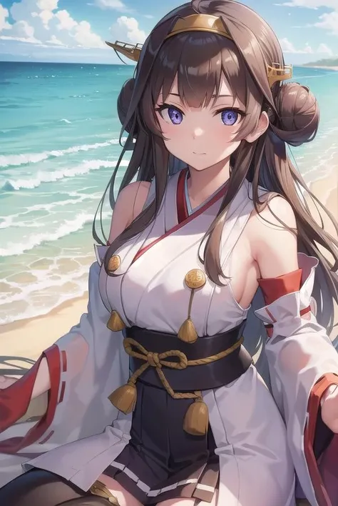 kancollekongou, <lora:kongou-lora-nochekaiser:1>,
kongou, ahoge, brown hair, double bun, hair bun, hairband, headgear, long hair, (purple eyes:1.1),
BREAK boots, detached sleeves, japanese clothes, nontraditional miko, ribbon trim, ribbon-trimmed sleeves, thigh boots, wide sleeves,
BREAK looking at viewer,
BREAK outdoors, beach,
BREAK <lyco:GoodHands-beta2:1>, (masterpiece:1.2), best quality, high resolution, unity 8k wallpaper, (illustration:0.8), (beautiful detailed eyes:1.6), extremely detailed face, perfect lighting, extremely detailed CG, (perfect hands, perfect anatomy),