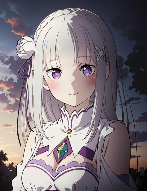 <lora:Emilia_v1_FB:0.8>, phemilia, 1girl, solo, breasts, smile,((masterpiece,best quality:1.4),ultra-detailed,(intricate details:1.1),cinematic light,short bangs,beautiful detailed eyes,red backround, blue sky, purple sky)