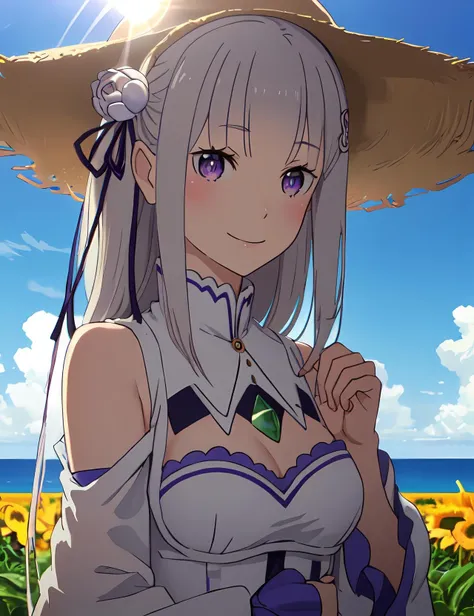 best quality, masterpiece, <lora:Emilia_v1_FB:0.7>, phemilia, 1girl, solo, breasts, smile, sky, field, cloudy sky, ocean, close-up, cowboy shot, sun hat, hat, tree, upper body, sidelocks,