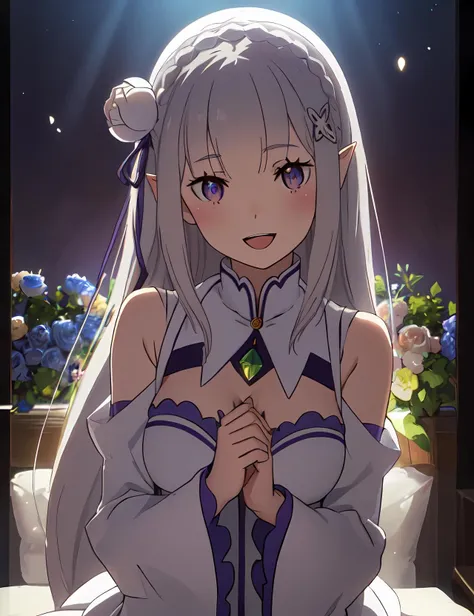 <lora:Emilia_v1_FB:0.7>, phemilia, 1girl, solo, upper body, breasts, smile, looking at viewer, cleavage, detached sleeves, dress, frills, grey hair, frilled sleeves, white hair, long sleeves, white rose, blush, white dress, white thighhighs, gem, :d, open mouth, elf, rose, low-tied long hair, very long hair, head tilt, thigh boots, (masterpiece:1.2, best quality), (finely detailed beautiful eyes: 1.2), (detailed background,dark fantasy), (beautiful detailed face), high contrast, (best illumination, an extremely delicate and beautiful), ((cinematic light)), colorful, hyper detail, dramatic light, intricate details, light particles, light rays, wallpaper, high contrast, colorful