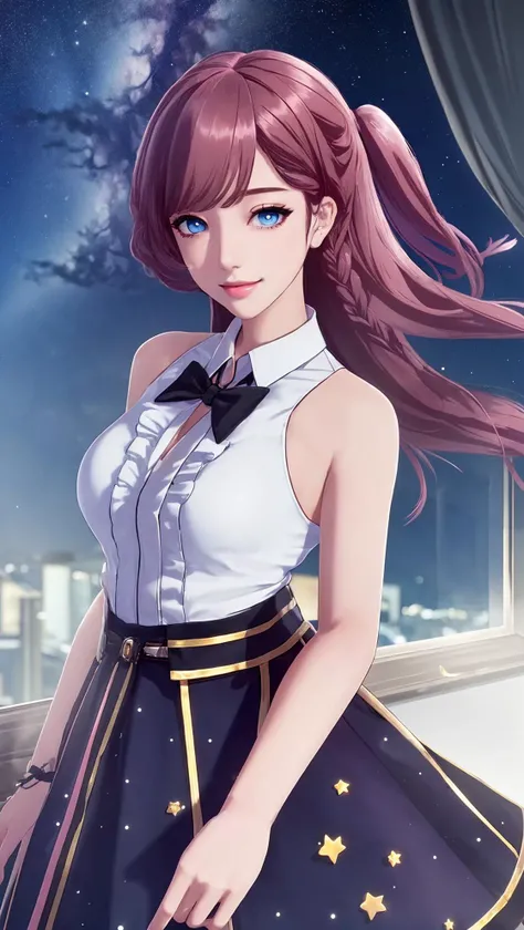 (((obra-prima, melhor qualidade, absurdos))), 1girl,solo, saori kido, mulher jovem brasileira (19 anos, cabelos roxos naturais e longos (length to hip height)) in a Japanese school uniform(( white blouse
short buttons,mini saia plissada, calcinha fio dental branca com liga, stocking cor de pele(bege))), sfw enorme, Oppai proportions, seios enormes, menina bonita,sorriso resplandecente