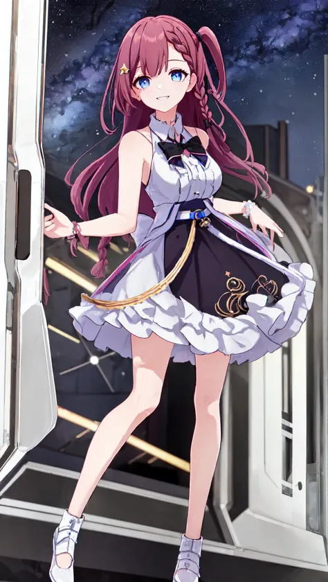 ((masterpiece)),(((bestquality))),((ultra-detailed)), asta,full body, looking at viewer,1girl, solo, shirt, blue eyes, bow, braid, sleeveless, sleeveless shirt, smile, long hair, looking at starry sky, black bow, skirt, bowtie, hair ornament, one side up, white shirt, bangs,bare shoulders, window, collared shirt, pink hair, frills, medium breasts, side braid, black bowtie, hair bow ,<lora:asta_20230706130251:0.6>, (very very beautiful starry sky:1.2),starry sky, (very very detailed eyes:1.2)