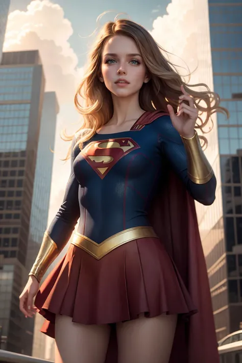 highres,masterpiece,perfect ligthing,bloom,cinematic lighting,perfect skin,nice hands,<lyco:envybetterhandsLocon_beta2:1.0>, [Erin Moriarty|Mischa Barton] as 18yo girl stand in superhero action pose fly in sky, blond long hair, blue eyes, front layers hairstyle, supergirl, cape, <lora:Supergirl:0.5>, skyscrapers, clouds, clear sunny day