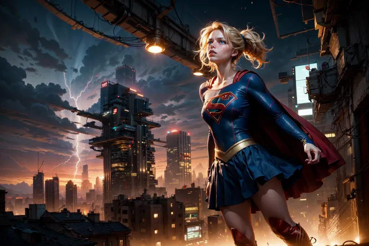 official art, unity 8k wallpaper, ultra detailed, beautiful and aesthetic, beautiful, masterpiece, best quality, (zentangle, mandala, tangle, entangle), 1girl, (supergirl), blonde ponytail, blue eyes, petite, red cape, red skirt, red boots, blue top, small breasts, exposed collarbone, exposed neck, exposed waist, flying above cityscape, angry, sweatdrop, looking away, <lora:CyberPunkAI:.3>, <lora:add_detail:1>, <lora:Supergirl:.7>, thunderstorm, epic scene, <lora:melissabenoist_smf_lora_02:.6>