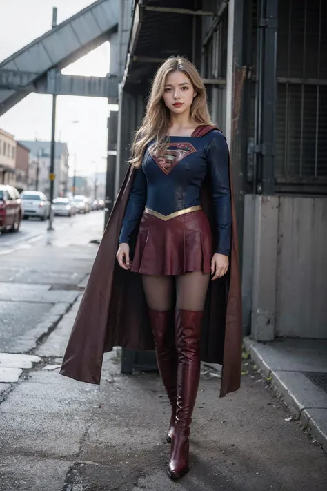 8k,best quality,real picture,intricate details,ultra-detailed,ultra highres,depth field,(photorealistic,realistic:1.2),masterpiece,solo,beautiful girl,expressionless eyes,supergirl,blue eyes,blonde hair,long hair,(red_cape:1.2),(red_skirt:1.2),(red_thigh_boots:1.4),(black_pantyhose:1.2),blush,shy,seductive smile,superhero,solo,looking at viewer,
best quality,realistic,photorealistic,(intricate details:1.2),(delicate detailed),(cinematic light),clear line,
unity 8k wallpaper,ultra high res,(photorealistic:1.4),<lora:Supergirl:0.5>,<lora:ZCBRealisticV2:0.8:lbw=FUZU>,zaracbb,<lora:epiCRealismHelper:0.45>,