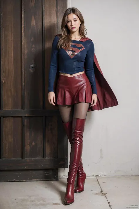 8k,best quality,real picture,intricate details,ultra-detailed,ultra highres,depth field,(photorealistic,realistic:1.2),masterpiece,solo,beautiful girl,expressionless eyes,supergirl,blue eyes,blonde hair,long hair,(red_cape:1.2),(red_skirt:1.2),(red_thigh_boots:1.4),(black_pantyhose:1.2),blush,shy,seductive smile,superhero,solo,looking at viewer,
best quality,realistic,photorealistic,(intricate details:1.2),(delicate detailed),(cinematic light),clear line,
unity 8k wallpaper,ultra high res,(photorealistic:1.4),<lora:Supergirl:0.5>,<lora:ZCBRealisticV2:0.8:lbw=FUZU>,zaracbb,<lora:epiCRealismHelper:0.45>,