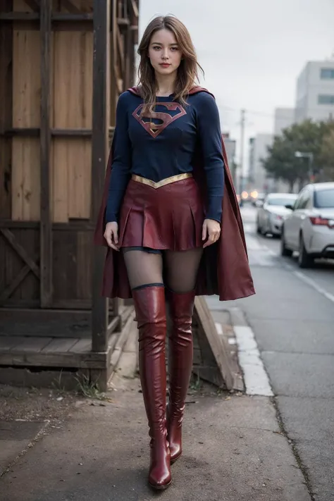 8k,best quality,real picture,intricate details,ultra-detailed,ultra highres,depth field,(photorealistic,realistic:1.2),masterpiece,solo,beautiful girl,expressionless eyes,supergirl,blue eyes,blonde hair,long hair,(red_cape:1.2),(red_skirt:1.2),(red_thigh_boots:1.4),(black_pantyhose:1.2),blush,shy,seductive smile,superhero,solo,looking at viewer,
best quality,realistic,photorealistic,(intricate details:1.2),(delicate detailed),(cinematic light),clear line,
unity 8k wallpaper,ultra high res,(photorealistic:1.4),<lora:Supergirl:0.5>,<lora:ZCBRealisticV2:0.8:lbw=FUZU>,zaracbb,<lora:epiCRealismHelper:0.45>,