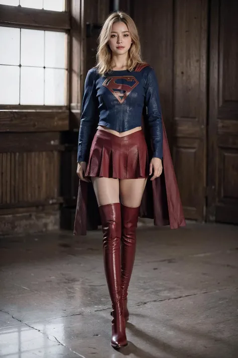 8k,best quality,real picture,intricate details,ultra-detailed,ultra highres,depth field,(photorealistic,realistic:1.2),masterpiece,solo,beautiful girl,expressionless eyes,supergirl,blue eyes,blonde hair,long hair,(red_cape:1.2),(red_skirt:1.2),(red_thigh_boots:1.4),(black_pantyhose:1.2),blush,shy,seductive smile,superhero,solo,looking at viewer,
best quality,realistic,photorealistic,(intricate details:1.2),(delicate detailed),(cinematic light),clear line,
unity 8k wallpaper,ultra high res,(photorealistic:1.4),<lora:Supergirl:0.5>,<lora:ZCBRealisticV2:0.8:lbw=FUZU>,zaracbb,<lora:epiCRealismHelper:0.45>,
