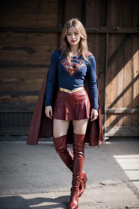 8k,best quality,real picture,intricate details,ultra-detailed,ultra highres,depth field,(photorealistic,realistic:1.2),masterpiece,solo,beautiful girl,expressionless eyes,supergirl,blue eyes,blonde hair,long hair,(red_cape:1.2),(red_skirt:1.2),(red_thigh_boots:1.4),(black_pantyhose:1.2),blush,shy,seductive smile,superhero,solo,looking at viewer,
best quality,realistic,photorealistic,(intricate details:1.2),(delicate detailed),(cinematic light),clear line,
unity 8k wallpaper,ultra high res,(photorealistic:1.4),<lora:Supergirl:0.5>,<lora:ZCBRealisticV2:0.8:lbw=FUZU>,zaracbb,<lora:epiCRealismHelper:0.45>,