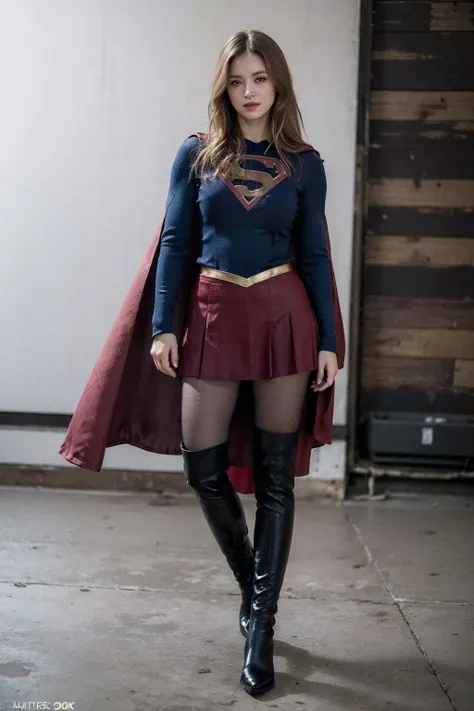 8k,best quality,real picture,intricate details,ultra-detailed,ultra highres,depth field,(photorealistic,realistic:1.2),masterpiece,solo,beautiful girl,expressionless eyes,supergirl,blue eyes,blonde hair,long hair,(red_cape:1.2),(red_skirt:1.2),(red_thigh_boots:1.4),(black_pantyhose:1.2),blush,shy,seductive smile,superhero,solo,looking at viewer,
best quality,realistic,photorealistic,(intricate details:1.2),(delicate detailed),(cinematic light),clear line,
unity 8k wallpaper,ultra high res,(photorealistic:1.4),<lora:Supergirl:0.5>,<lora:ZCBRealisticV2:0.8:lbw=FUZU>,zaracbb,<lora:epiCRealismHelper:0.45>,