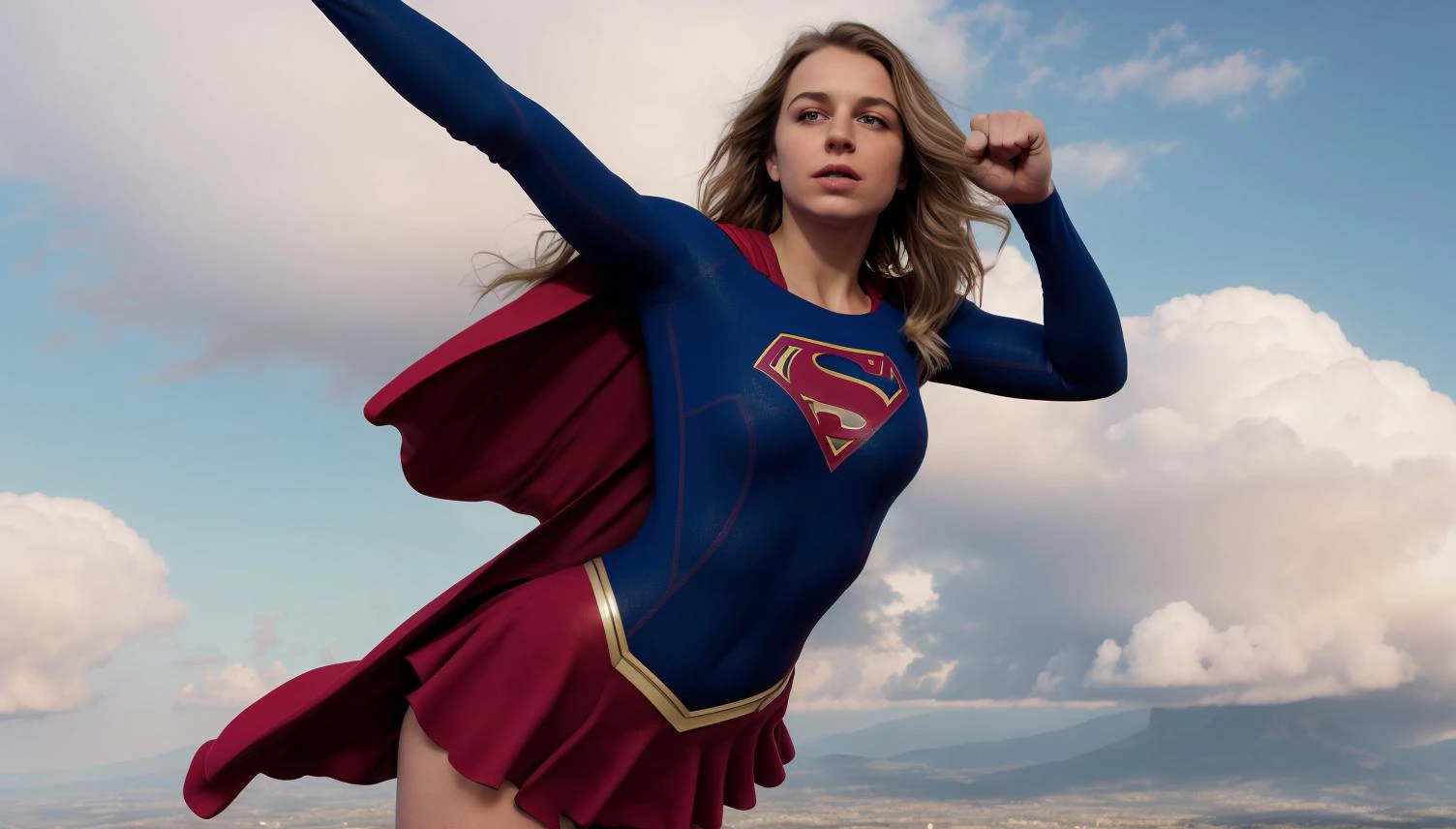 8k, best quality, real picture, intricate details, ultra-detailed, ultra highres, depth field,(photorealistic,realistic:1.2),masterpiece,photo of european girl, supergirl, (blue body suit clothes:1.3), blue eyes, blonde hair, long hair, superhero, solo, sun, blue sky, red cape, arm and fist in the air,flying in cumulus cloud, background sky,
best quality,red skirt, realistic, photorealistic, (intricate details:1.2), (delicate detailed), (cinematic light), clear line, sharp focus, realistic face, detailed face,
unity 8k wallpaper, ultra high res, (photorealistic:1.4), looking at viewer <lora:supergirlTVSeries_v10:0.9>