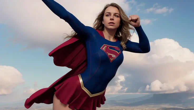 8k, best quality, real picture, intricate details, ultra-detailed, ultra highres, depth field,(photorealistic,realistic:1.2),masterpiece,photo of  european girl, supergirl, (blue body suit clothes:1.3), blue eyes, blonde hair, long hair, superhero, solo, sun, blue sky, red cape, arm and fist in the air,flying in cumulus cloud, background sky,
best quality,red skirt, realistic, photorealistic, (intricate details:1.2), (delicate detailed), (cinematic light), clear line, sharp focus, realistic face, detailed face,
unity 8k wallpaper, ultra high res, (photorealistic:1.4), looking at viewer  <lora:supergirlTVSeries_v10:0.9>