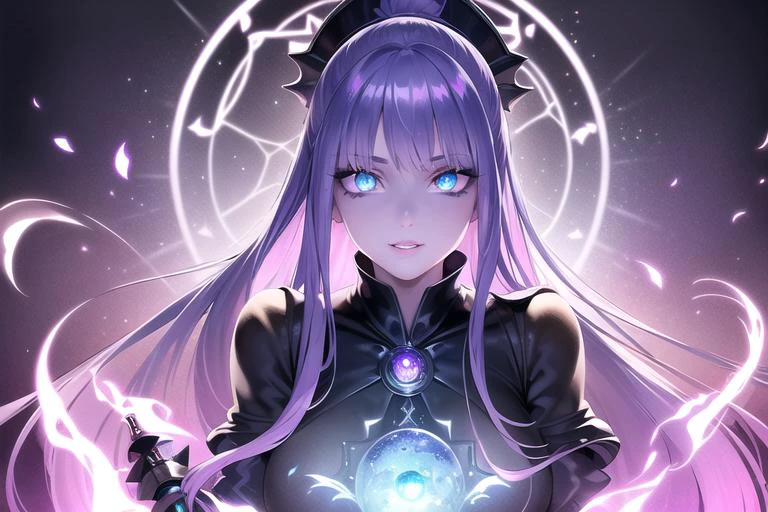 masterpiece, best quality, ultra-detailed, glistening shiny, glowing light, ray tracing, HDR, deph of field, (perfect face, detailed face, detailed eyes), shiny eyes, (looking at viewer,sadistic smile:1.1),((1girl)), (mature female:1.4),(dust particles),(magic particles),
((Ponytail)),((blue gradient hair)), (purple hair tips) , (multicolored hair), (blue hair) ,((blue eyes)), gradient eyes,sadistic eyes,(glowing eyes:1.7) ,mascara, (fashion make up), parted lips,sorceress, sorceress dress, staff, mage hat, artifact,
(middle of a dungeon, statues, moss on the walls, stone walls, torches,),complex background, dynamic pose, ((8k wall paper)), ((8k wallpaper))